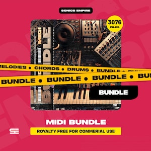 Puede incluir: Gráfico de un paquete de música digital con fondo rojo. La imagen presenta un collage de equipos de música, incluyendo un teclado y una mesa de mezclas. Cinta amarilla de precaución con la leyenda "Melodías, Acordes, Baterías, Bundle". Se muestra el texto "MIDI BUNDLE".