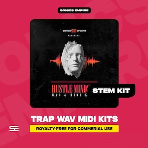 Puede incluir: Gráfico promocional para un kit STEM de música. El diseño presenta un rostro blanco esculpido sobre un fondo negro con el texto "HUSTLE MIND STEM KIT". Debajo, se lee "TRAP WAV MIDI KITS" y "ROYALTY FREE FOR COMMERIAL USE".