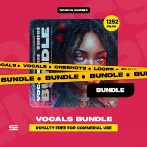 Può includere: Grafica digitale con il volto di una donna con occhi blu e capelli scuri. Nastro giallo di avvertimento con la scritta "VOCALS BUNDLE". Lo sfondo è rosso con testo bianco, tra cui "VOCALS BUNDLE" e "ROYALTY FREE FOR COMMERCIAL USE".