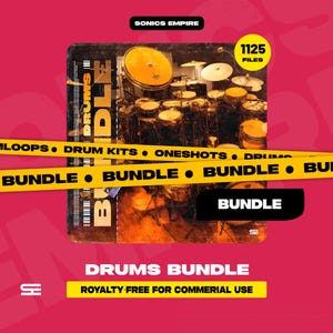 May include: A product bundle graphic with a drum set image. The image is overlaid with yellow caution tape that reads "DRUMLOOPS," "DRUM KITS," and "BUNDLE." The text "DRUMS BUNDLE" and "ROYALTY FREE FOR COMMERCIAL USE" are also present.