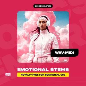 May include: Digital artwork showing a person in a pink jacket and headphones, set against pink clouds. The image includes the text "ICONIC SAMPLE PACK" and "EMOTIONAL STEMS" with "WAV/MIDI" and "ROYALTY FREE FOR COMMERCIAL USE" labels.