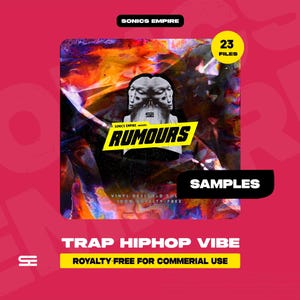 May include: A digital album cover with a vibrant, abstract background of orange, yellow, and purple hues. The cover features the word "RUMOURS" in yellow, a graphic of a face, and the text "23 FILES" in a yellow circle. The words "SAMPLES" and "TRAP HIPHOP VIBE" are also present.