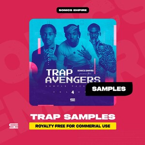 May include: A promotional image for "Trap Avengers Sample Pack Vol. 4" featuring three men. The design is primarily purple and blue, with the text "TRAP AVENGERS" in pixelated font. The image also includes the text "SAMPLES" and "TRAP SAMPLES".