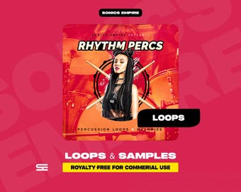 May include: Promotional graphic for "Rhythm Percs" featuring a woman with drumsticks, set against a backdrop of drums. The design includes the text "LOOPS" and "Percussion Loops & Melodies", with a red and black colour scheme.