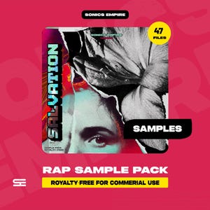 May include: A square graphic with a pink background features the text "SALVATION" in blue and red, and "SAMPLES" in white on a black rectangle. The image includes a black and white floral design and a person's eye. The text "RAP SAMPLE PACK" and "ROYALTY FREE FOR COMMERIAL USE" are also present.