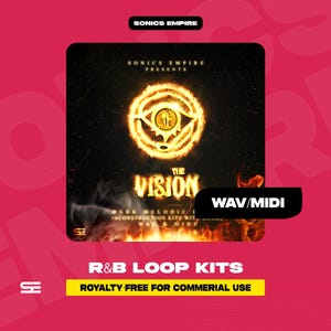 May include: A square graphic with a black background featuring a glowing eye design and the text "THE VISION". Below, it reads "R&B LOOP KITS" and "ROYALTY FREE FOR COMMERCIAL USE". The text "WAV/MIDI" is also present.