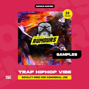 May include: A digital album cover with a vibrant, abstract background of orange, yellow, and purple hues. The album title "RUMOURS" is in yellow, with a black banner that reads "SAMPLES". The text "TRAP HIPHOP VIBE" and "ROYALTY FREE FOR COMMERIAL USE" are also included.