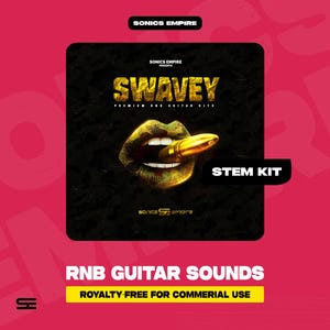 Puede incluir: Anuncio de producto digital con fondo negro. El texto dorado dice "SWAVEY" y "STEM KIT". La imagen incluye una boca pintada de oro que sostiene una bala. La parte inferior de la imagen dice "RNB GUITAR SOUNDS" y "ROYALTY FREE FOR COMMERCIAL USE".