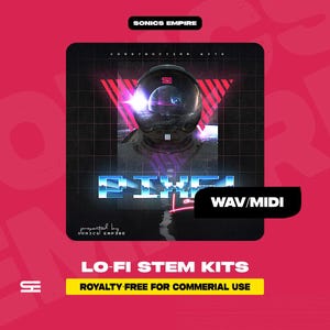 Könnte beinhalten: Werbegrafik für "Pixel" Lo-Fi Stem Kits, mit einem futuristischen Astronautenhelm-Design. Das Bild enthält den Text "WAV/MIDI" und "Royalty Free for Commercial Use" auf rotem Hintergrund.
