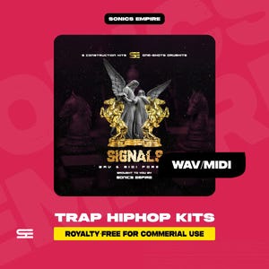 May include: A promotional image for "SIGNAL?" Trap Hip Hop Kits. The design features a gold statue of winged figures, the text "WAV/MIDI", and the phrase "ROYALTY FREE FOR COMMERCIAL USE" on a red background.