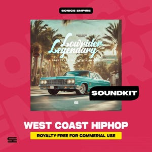 Puede incluir: Un coche lowrider turquesa es el punto focal de esta imagen, con un fondo de palmeras y una puesta de sol. El texto "Lowrider Legendary" se muestra en una fuente estilizada. También son visibles las palabras "SOUNDKIT" y "WEST COAST HIPHOP".