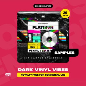 May include: A promotional image for "Dark Vinyl Vibes" samples. The design features a CD in a black, holographic-effect package with text that reads "Platinum" and "Royalty-Free for Commercial Use". The background is a vibrant pink.