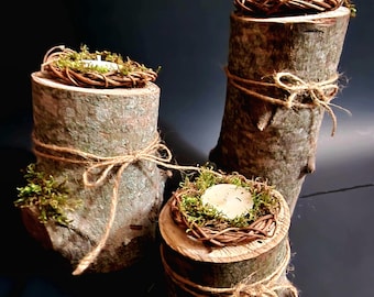Wood Log Pillars/Candle Holders | Set of 3