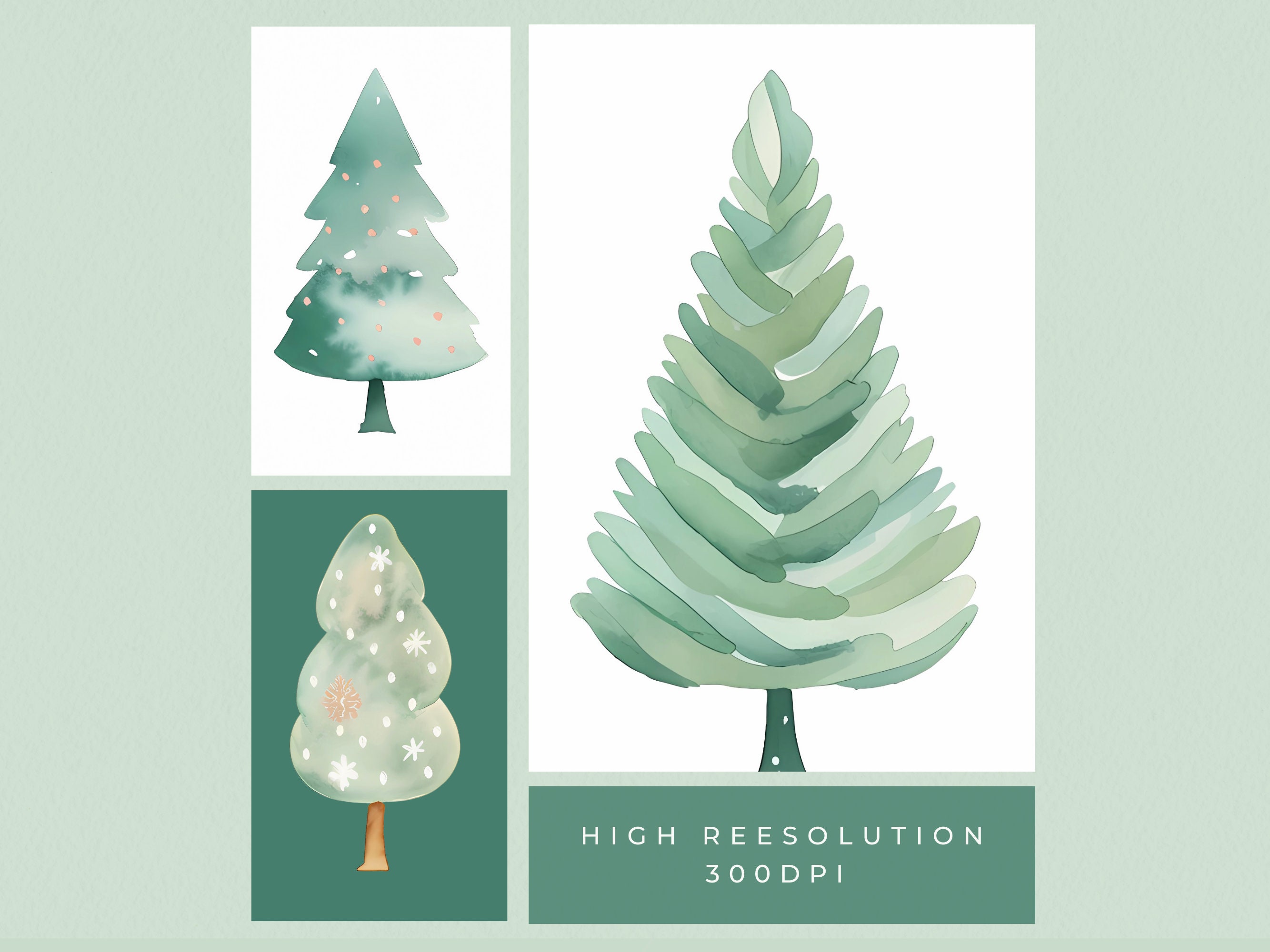 Christmas Tree Clipart, Watercolor Christmas Tree Clipart, Modern