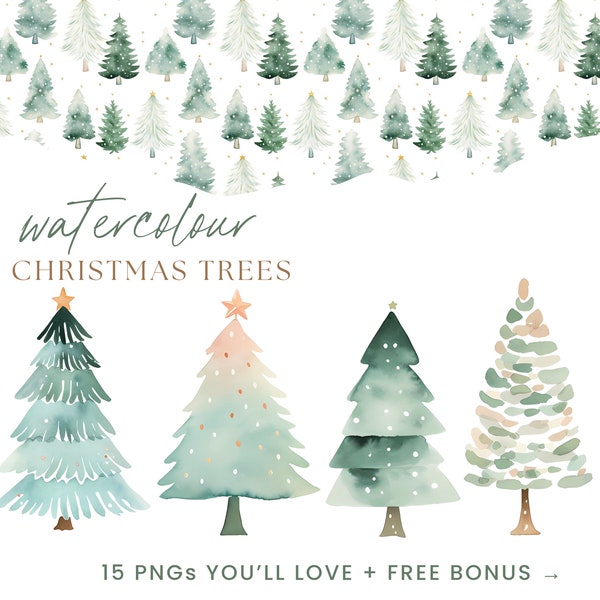 Christmas Tree Clipart, Watercolor Christmas Tree Clipart, Modern Christmas Tree Clipart