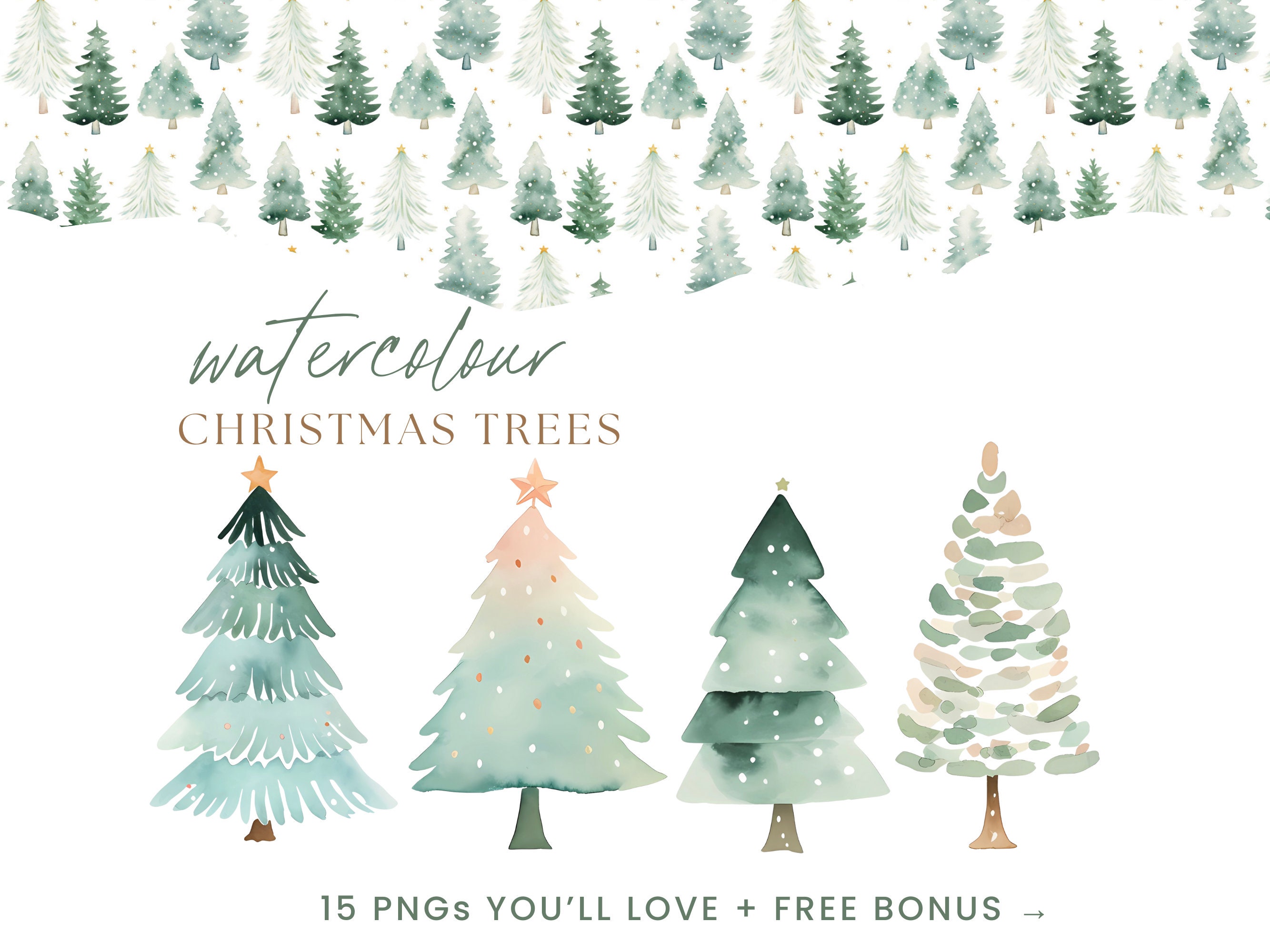 Christmas Tree Clipart, Watercolor Christmas Tree Clipart, Modern ...