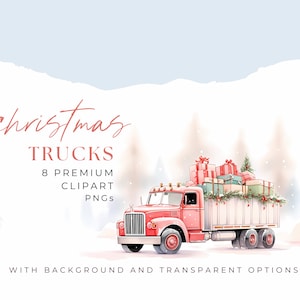 Watercolor Christmas Truck Clipart, Christmas Delivery Truck Clipart, Christmas Red Truck Clipart, 8 Christmas PNG