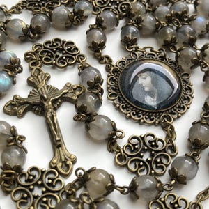 Antique Style Catholic Rosary Beads, Labradorite Gemstone Praying Beads, Virgin Mary Medal, Christian Gift, Heirloom Rosary, Rosary Crucifix