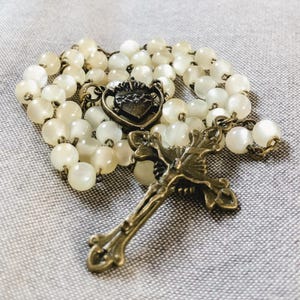 Handmade Antique Style Mother of Pearl Catholic Rosary, Sacred Heart Medal, Baptism Gift, First Communion Gift, Rosary Crucifix