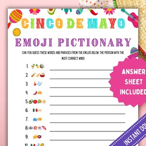 Cinco de Mayo Emoji Pictionary Game Printable, Fun Mexican Party Game Adults & Kids, Work Office Party, Family Fiesta Game, Classroom Game
