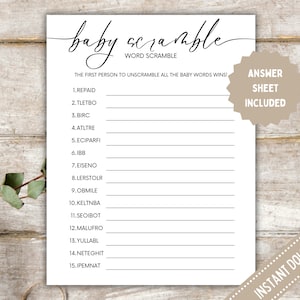 Baby Shower Word Scramble with Answer Key | Baby Shower Games Printable | Minimalist Baby Shower Word Puzzle | Gender Neutral Game