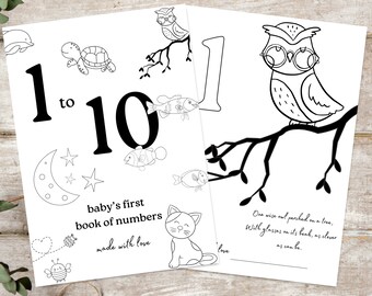 Baby Shower 123 Coloring pages, 123 baby's First book, baby keepsake, Numbers baby book game, Counting Game, Printable Baby Shower activity