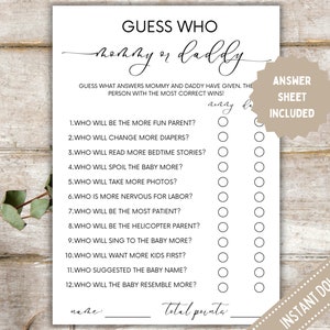 Baby Shower Guess Who Mommy or Daddy Game | Party Game | Mommy or Daddy Game | Baby Shower Game | Who Said It Trivia Game Minimalist Game