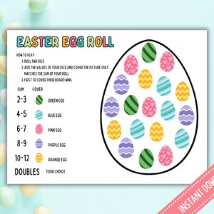 Puede incluir: Un juego imprimible de "Easter Egg Roll" con huevos coloridos e instrucciones. El juego presenta un tablero en forma de huevo con varios huevos decorados. El texto "Easter Egg Roll" está en la parte superior, con "Descarga instantánea" en la esquina.