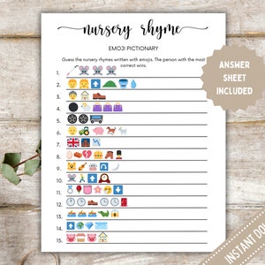 Nursery Rhymes Emoji Game, Emoji Nursery Rhymes Game, Baby Emoji Game, Baby Shower Emoji Game, Emoji Nursery Rhymes Printable, Pictionary