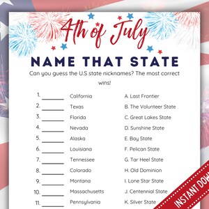 4th of July State Nickname Trivia Game (PDF)