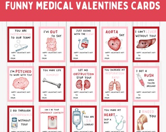 May include: A set of 16 printable Valentine's Day cards featuring medical puns and illustrations of various organs. The cards are pink with red borders and feature text such as "You are instrumental to our team!" and "I've gut to say..."
