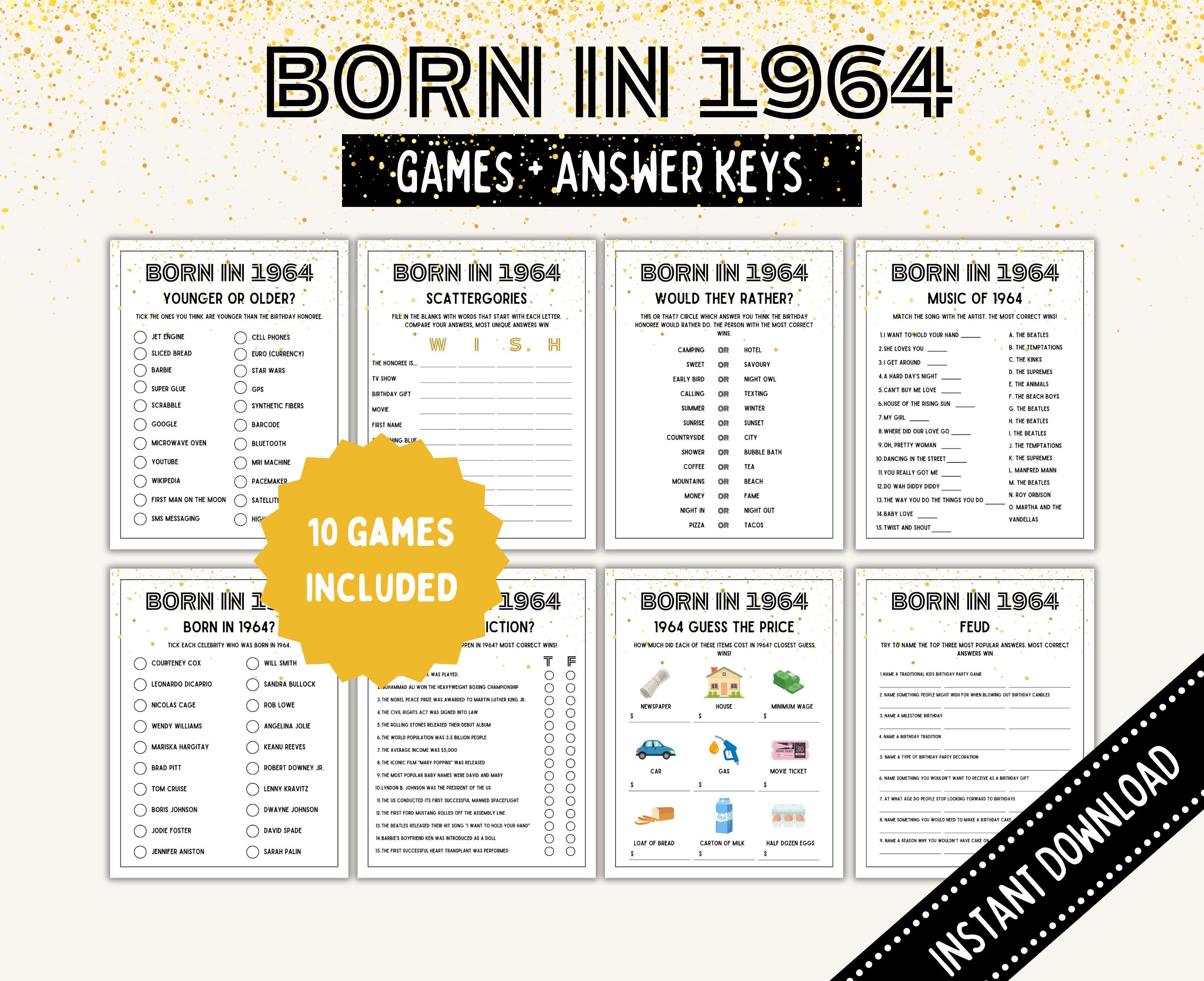 60th Birthday Games Bundle 60th Birthday Party Games 1964 Trivia Born in 1964 60 year old Men Women Him Her Quiz EDITABLE Instant Digital