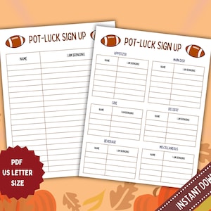 Football Potluck Sign Up Sheet, Office Potluck Party Printable, Herbstparty Potluck Signup, Tailgate Food Sign Up Sheet