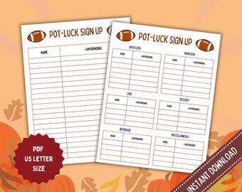 Football Party Potluck Sign Up Sheet Printable, Tailgating Potluck Sign Up Sheet, Potluck Sign Up Sheet Download, Football Potluck Sign Up