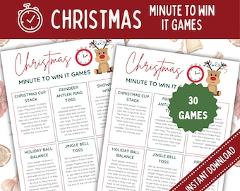 May include: A printable Christmas Minute to Win It Games activity sheet with a green and white background. The sheet features 30 games with instructions for each game. The games include Christmas Cup Stack, Reindeer Antler Ring Toss, Jingle Bell Toss, Holiday Ball Balance, and Snowman Wrap.