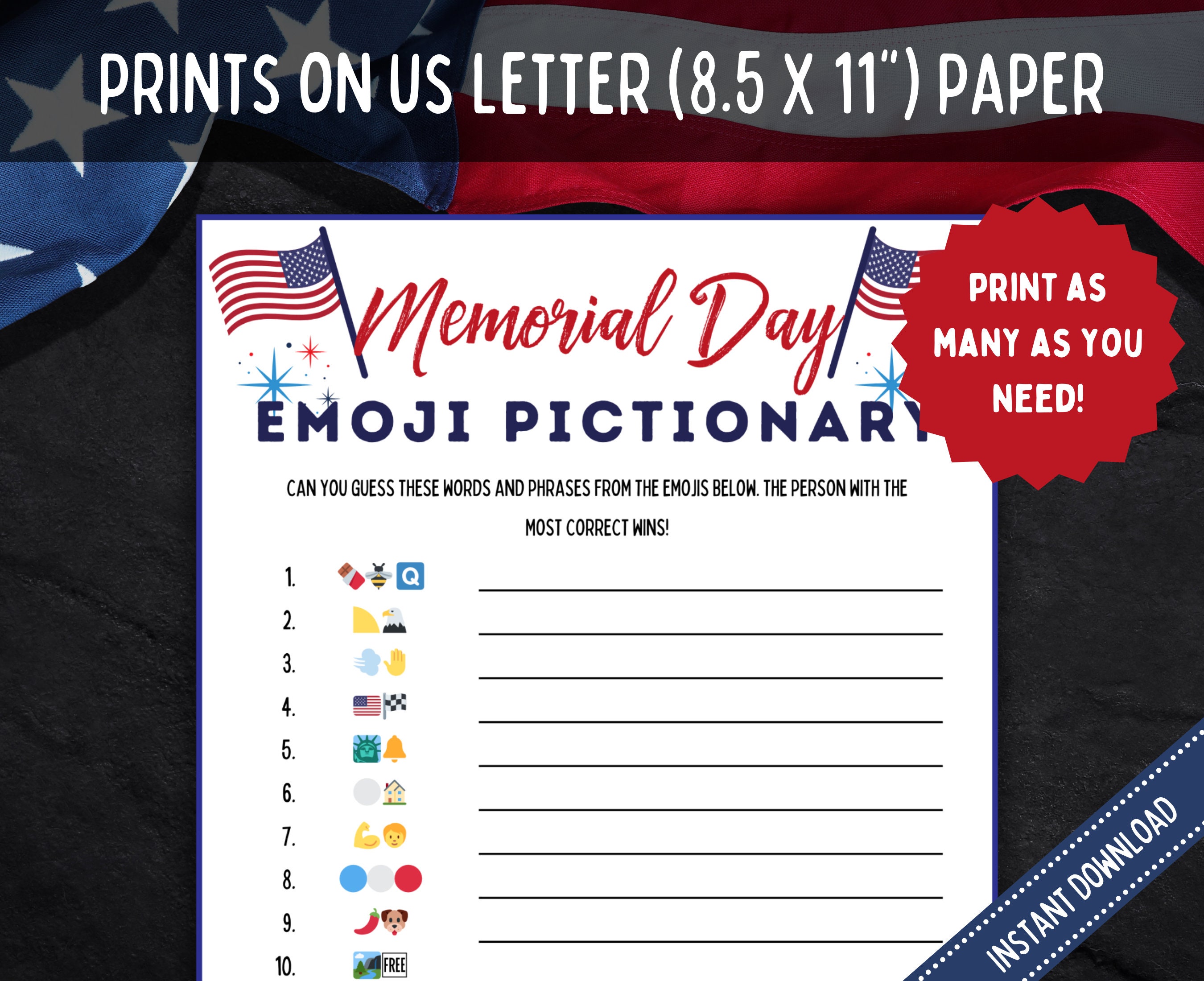 Memorial Day Emoji Pictionary, Fun Memorial Day Emoji Game for Kids ...