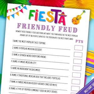 Puede incluir: Un juego de mesa imprimible Fiesta Friendly Feud con 8 preguntas. El juego está diseñado para jugar con amigos y familiares. Las preguntas son sobre la cultura y la comida mexicanas. El juego es perfecto para una fiesta de fiesta.