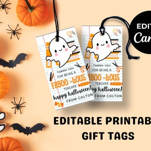 Puede incluir: Etiquetas de regalo de Halloween imprimibles con un fantasma y el texto "Gracias por ser un profesor Faboo-lous feliz Halloween! de Colton". Las etiquetas están diseñadas para parecer una hoja de papel de cuaderno con un lápiz rojo, tijeras y caramelos.