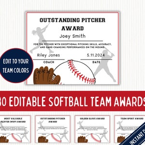 Editable Softball Award Certificates, Softball Team Awards, Softball End of the Season Awards, Softball Team Party, Softball Season Awards