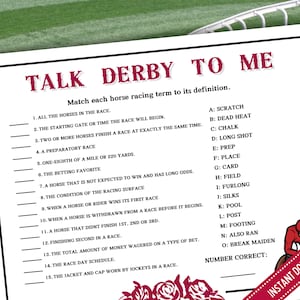 Derby Game | Talk Derby to Me | Kentucky Derby Party | Run for the Roses | Night at the Races | Derby Trivia | Derby Theme | Printable