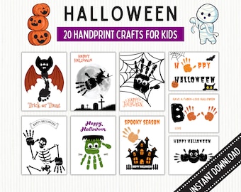 Könnte beinhalten: Ein Set mit 20 druckbaren Halloween-Handabdruck-Bastelkarten für Kinder. Die Karten zeigen verschiedene Halloween-Themen, darunter Fledermäuse, Geister, Kürbisse, Spinnen und Hexen. Die Karten sind so konzipiert, dass sie mit Handabdrücken verwendet werden können, um einzigartige und personalisierte Halloween-Bastelarbeiten zu erstellen.