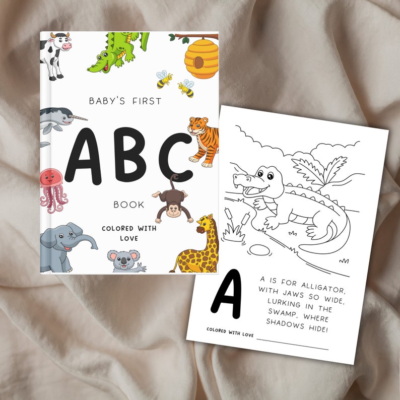 baby shower game for baby's first abc coloring book for guests to color in a page and keepsake for the baby