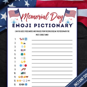 Memorial Day Emoji Pictionary, divertido jogo de emoji do Memorial Day para crianças, adolescentes e adultos, ideias para piquenique do Memorial Day, atividade de churrasco do Memorial Day