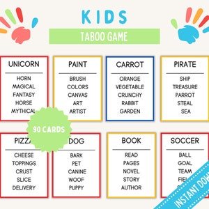 Gioco tabù per bambini, gioco tabù stampabile per bambini, giochi di carte per famiglie, parole proibite per bambini