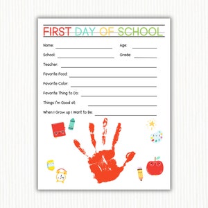 First Day Of School Handprint Craft | Back To School Printable | Memory Keepsake | Handprint Preschool Craft | Teacher Resource