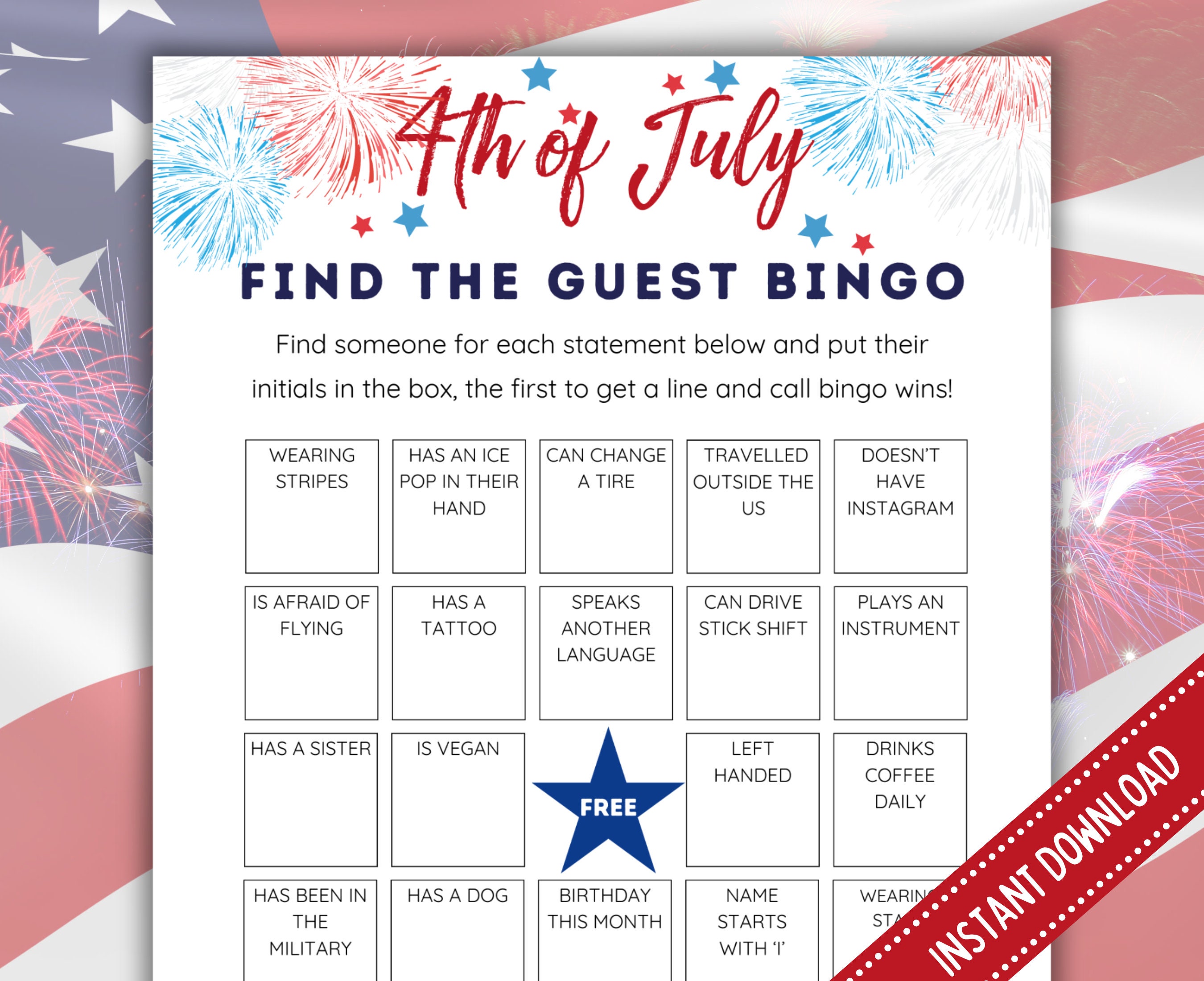 4th of July Find the Guest Bingo: Patriotic Party Game (printable) - Etsy