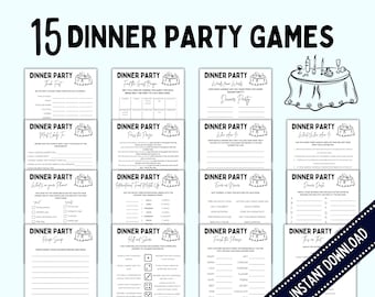 May include: A printable set of 15 black and white dinner party games. The games include titles like "Think Fast", "Find the Guest Bag", "Words from Word", "Most Likely To", "Pass the Page", "What's on Your Plate", "International Food Match Up", "Even or Never", "Dinner Dish", "Recipe Swap", "Roll and Share", "Finish the Phrase", and "Time's Up".