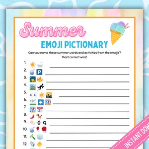Summer Emoji Pictionary, Summer Charades, Summer Categories Pictionary, Emoji Quiz, Dice Game, Summer Songs Quiz, Printable Games