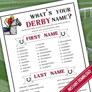 What&#39;s Your Derby Name Party Game with Nametags & Sign | Kentucky Derby Game | Icebreaker | Run For The Roses | Derby Party | Printable