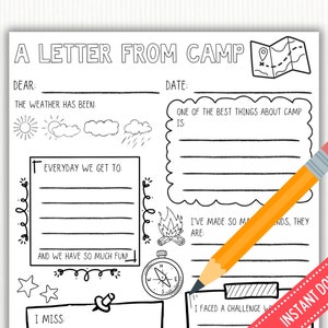 Letter From Camp, Summer Camp Stationery, Printable, Camp Postcard, Fill In The Blank Camp Letter, End Of School Activities, Kids Camping